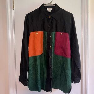 Vintage Oleg Cassini Black Color-block Linen Blouse